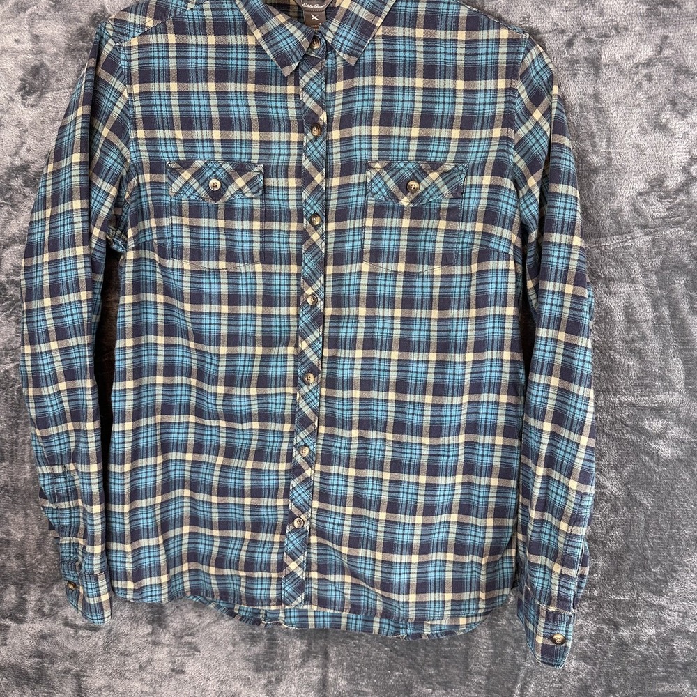 Eddie Bauer Women's S Blue Plaid Flannel Button Front Shirt Long Sleeve Pockets
